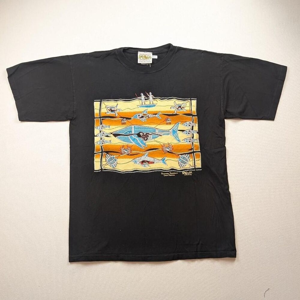 90s black Australian Aboriginal Art Australia T-Shirt Aztec Tribal Size XL